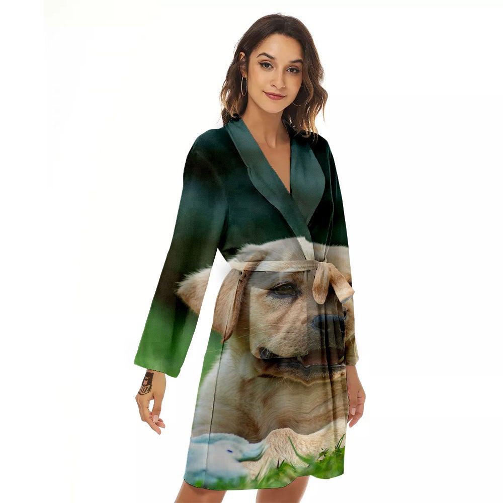 Puppy And Labrador Retriever Print Women's Robe-grizzshop