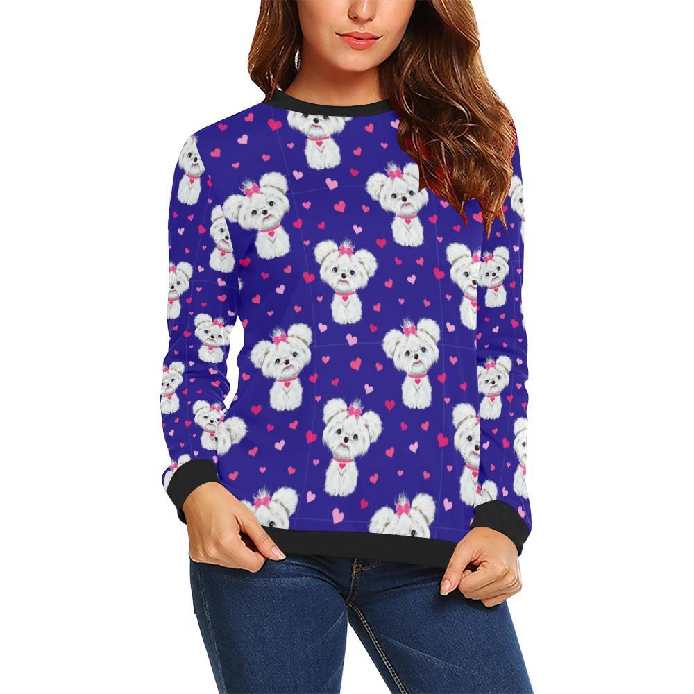 Puppy Dog Maltese Pattern Print Women Crewneck Sweatshirt-grizzshop