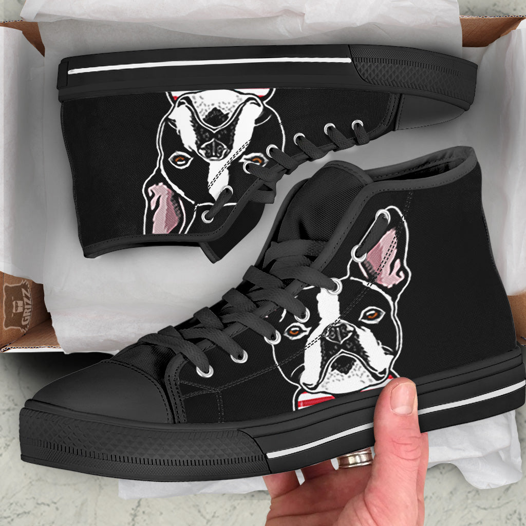 Puppy Faces Boston Terrier Print Black High Top Shoes-grizzshop