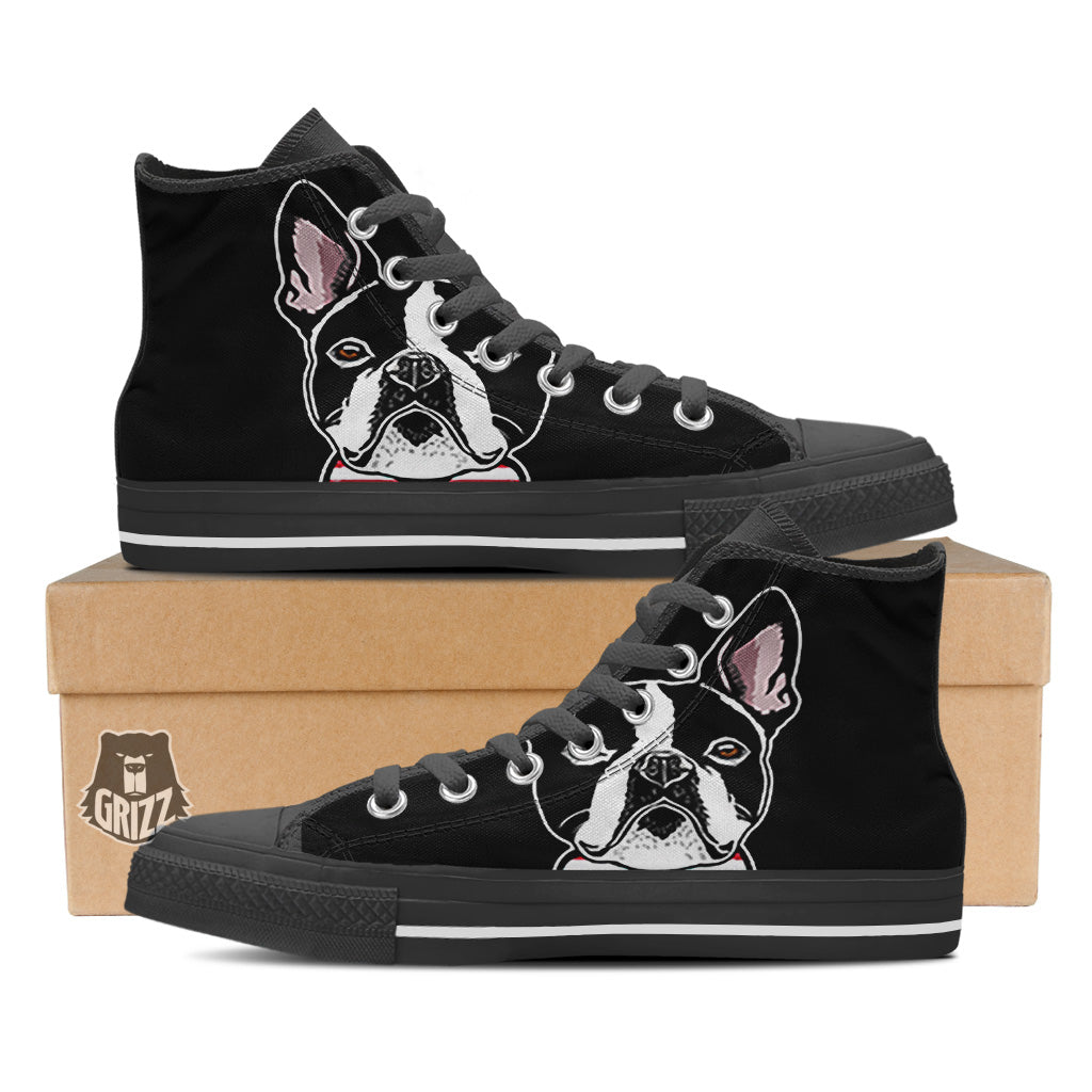 Puppy Faces Boston Terrier Print Black High Top Shoes-grizzshop