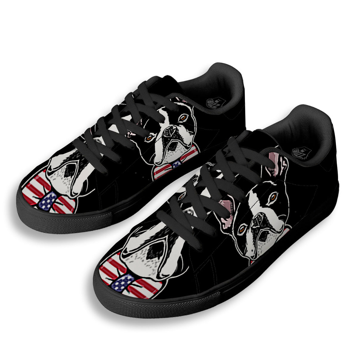 Puppy Faces Boston Terrier Print Black Low Top Sneakers-grizzshop