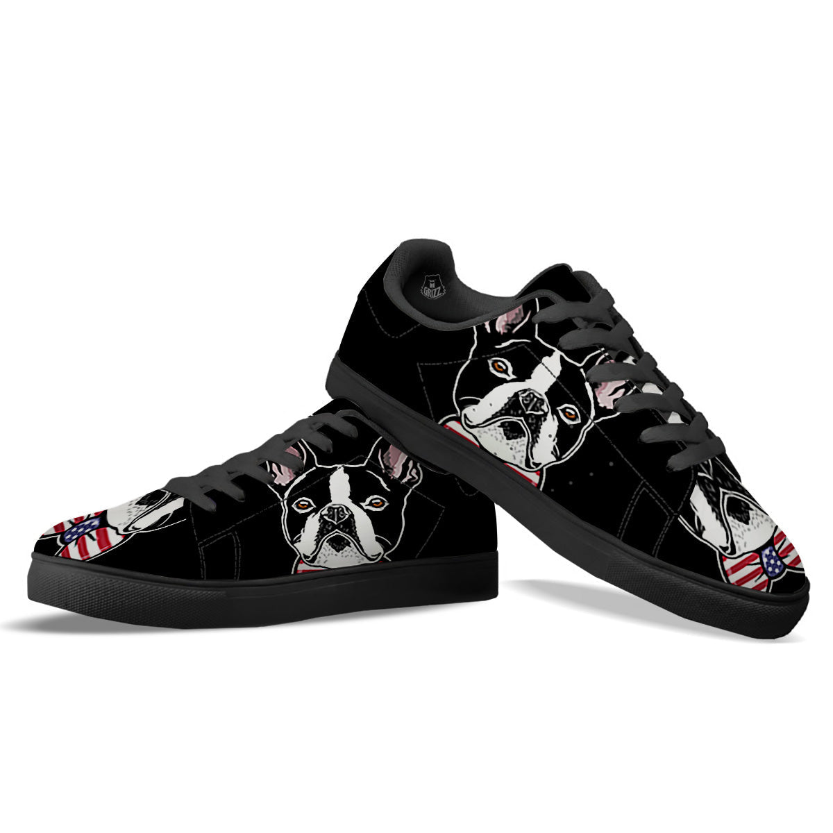 Puppy Faces Boston Terrier Print Black Low Top Sneakers-grizzshop