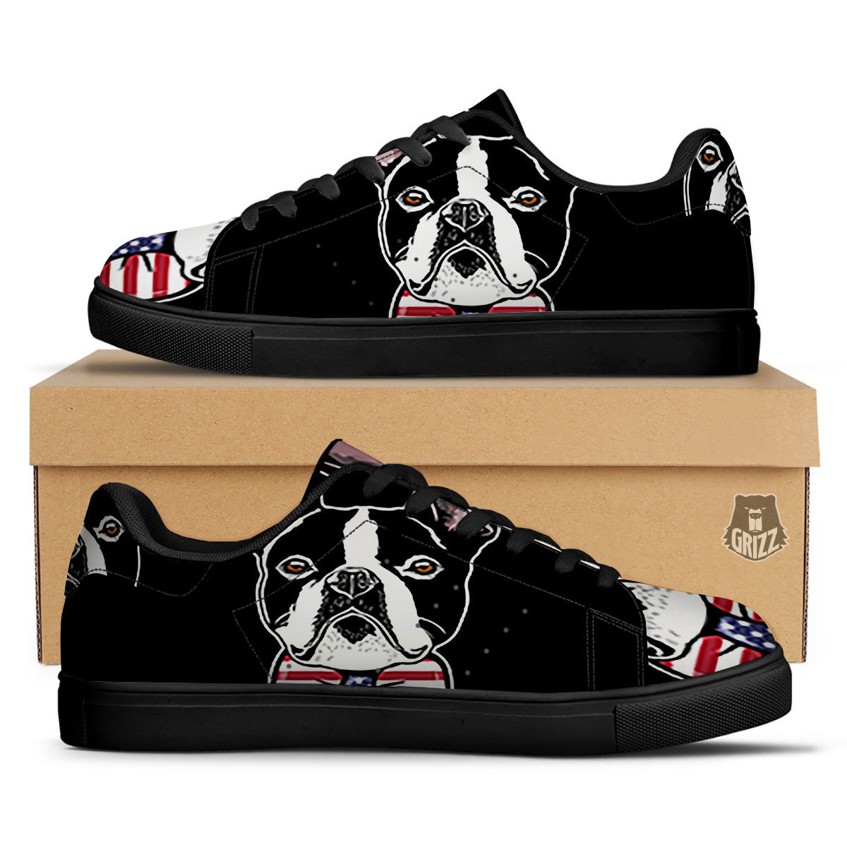 Puppy Faces Boston Terrier Print Black Low Top Sneakers-grizzshop