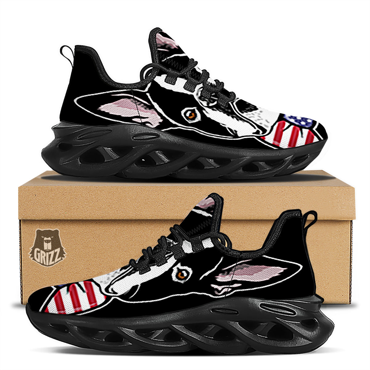Puppy Faces Boston Terrier Print Black Running Shoes-grizzshop