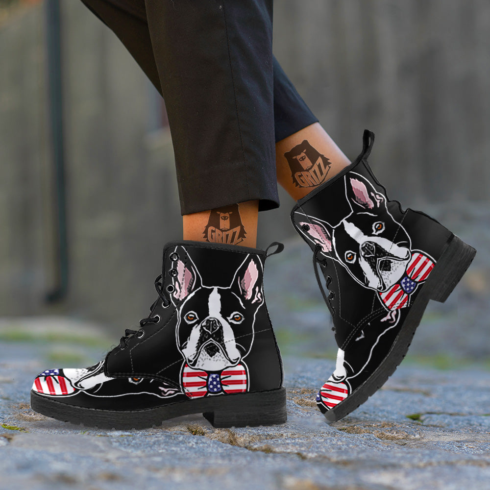 Puppy Faces Boston Terrier Print Leather Boots-grizzshop