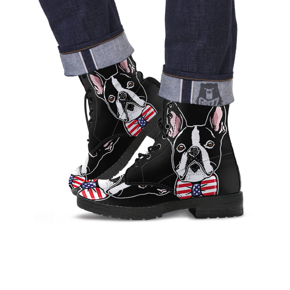 Puppy Faces Boston Terrier Print Leather Boots-grizzshop