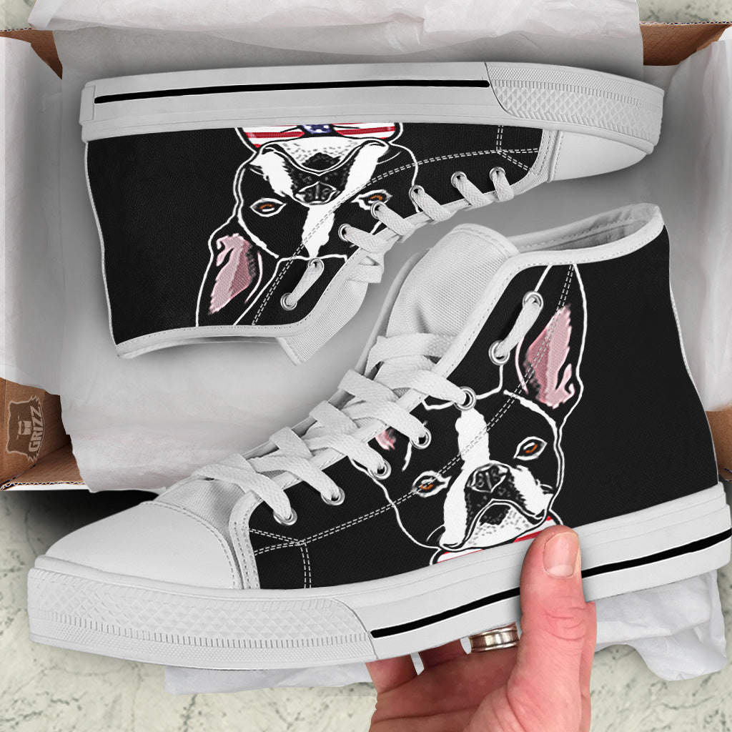 Puppy Faces Boston Terrier Print White High Top Shoes-grizzshop