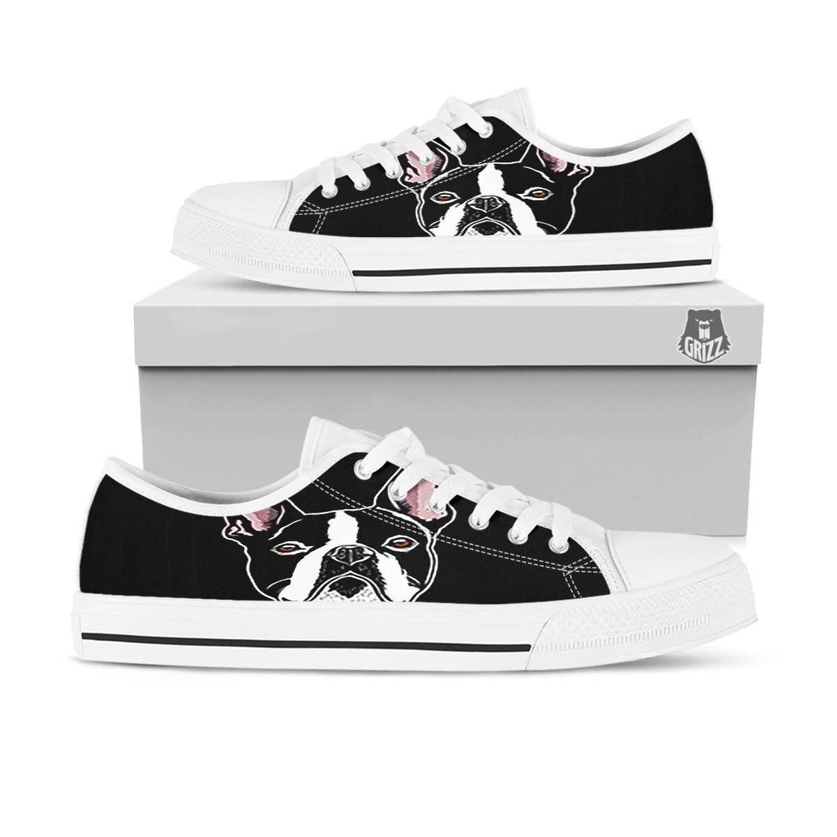 Puppy Faces Boston Terrier Print White Low Top Shoes-grizzshop