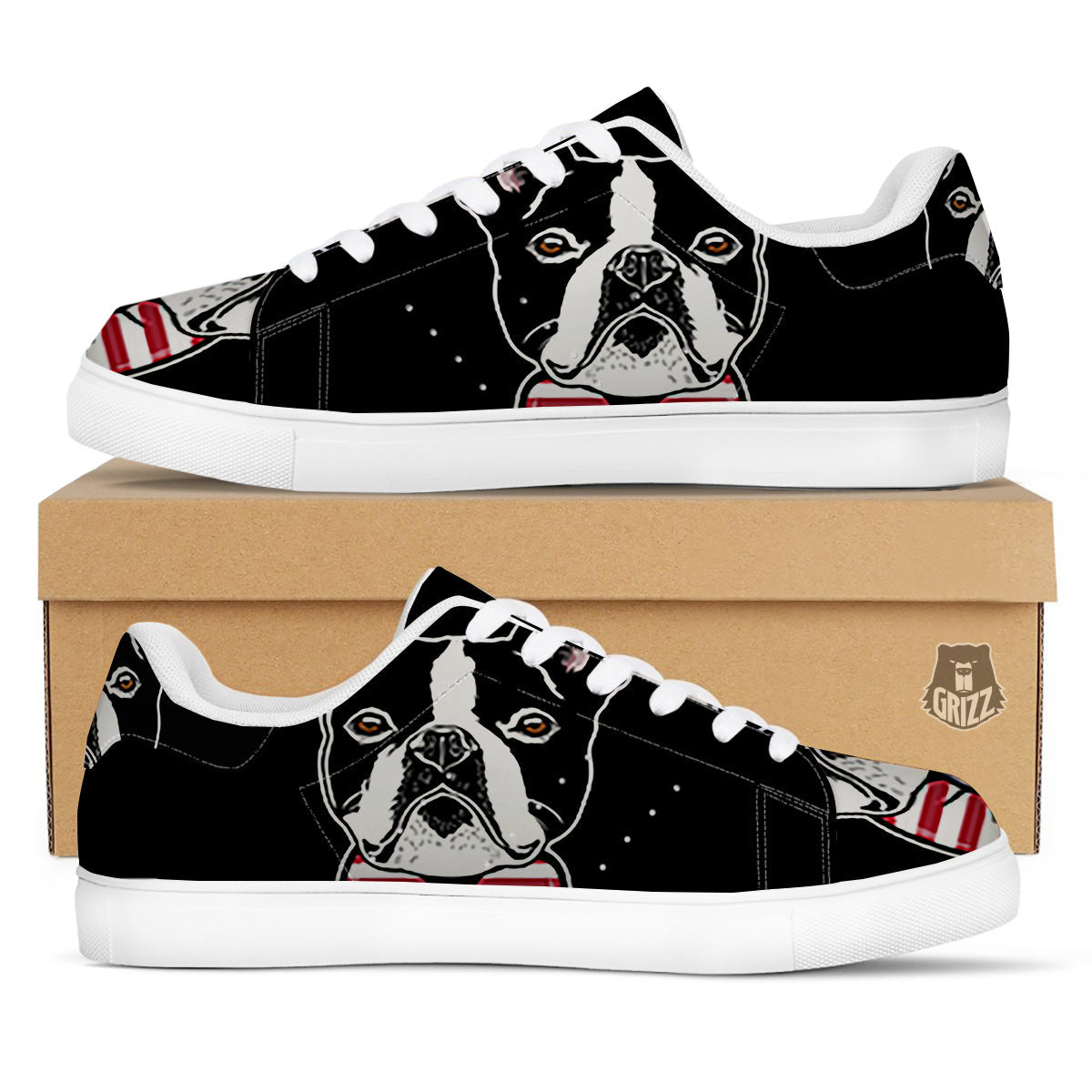 Puppy Faces Boston Terrier Print White Low Top Sneakers-grizzshop