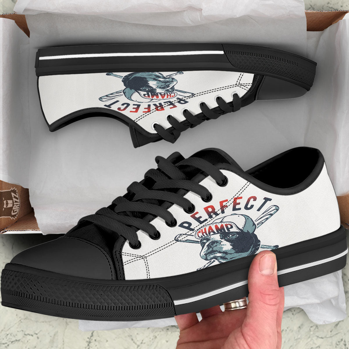 Puppy French Bulldog And Baseball Print Black Low Top Shoes-grizzshop