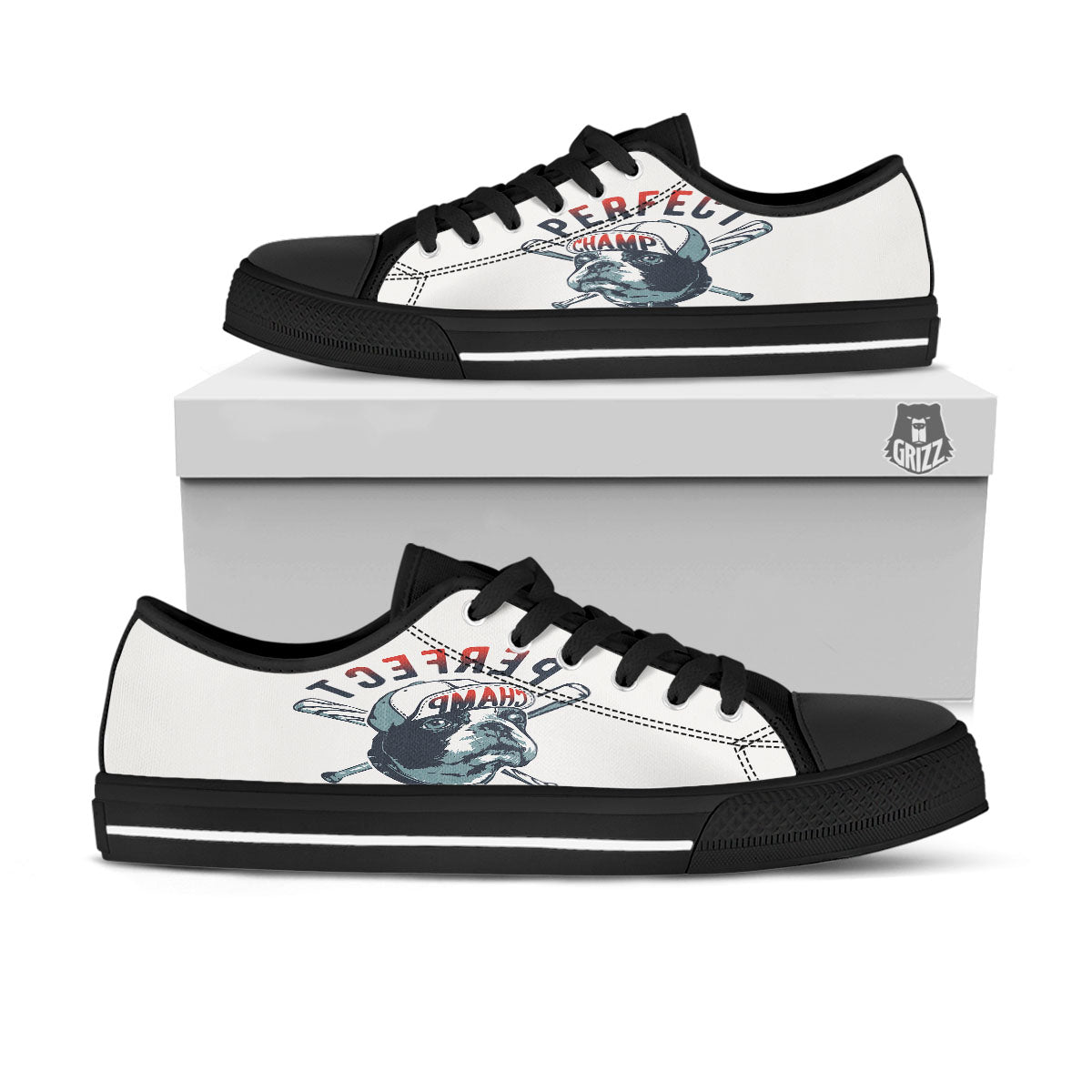 Puppy French Bulldog And Baseball Print Black Low Top Shoes-grizzshop