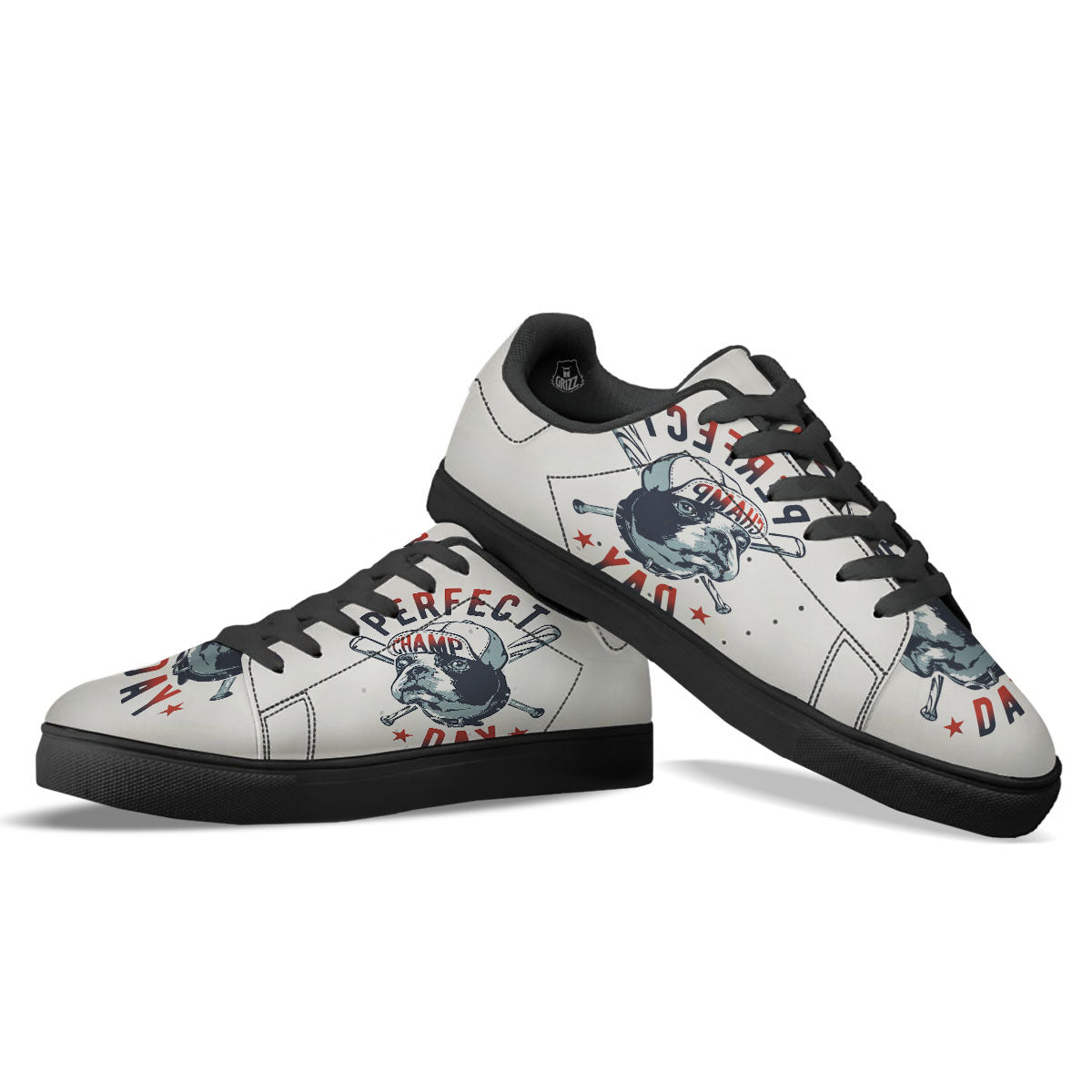 Puppy French Bulldog And Baseball Print Black Low Top Sneakers-grizzshop