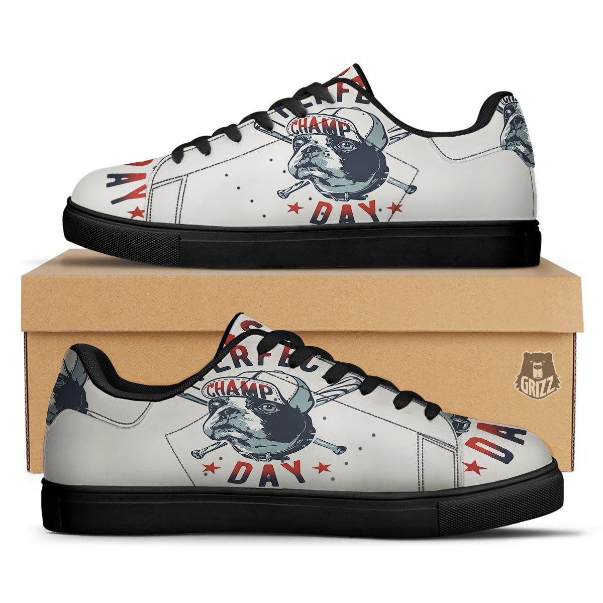 Puppy French Bulldog And Baseball Print Black Low Top Sneakers-grizzshop