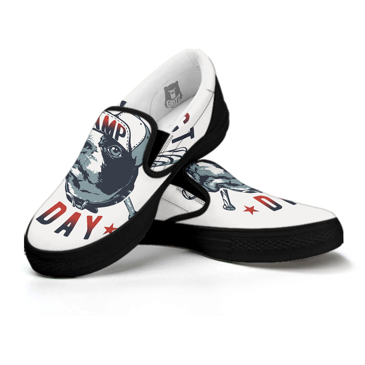 Puppy French Bulldog And Baseball Print Black Slip On Shoes-grizzshop