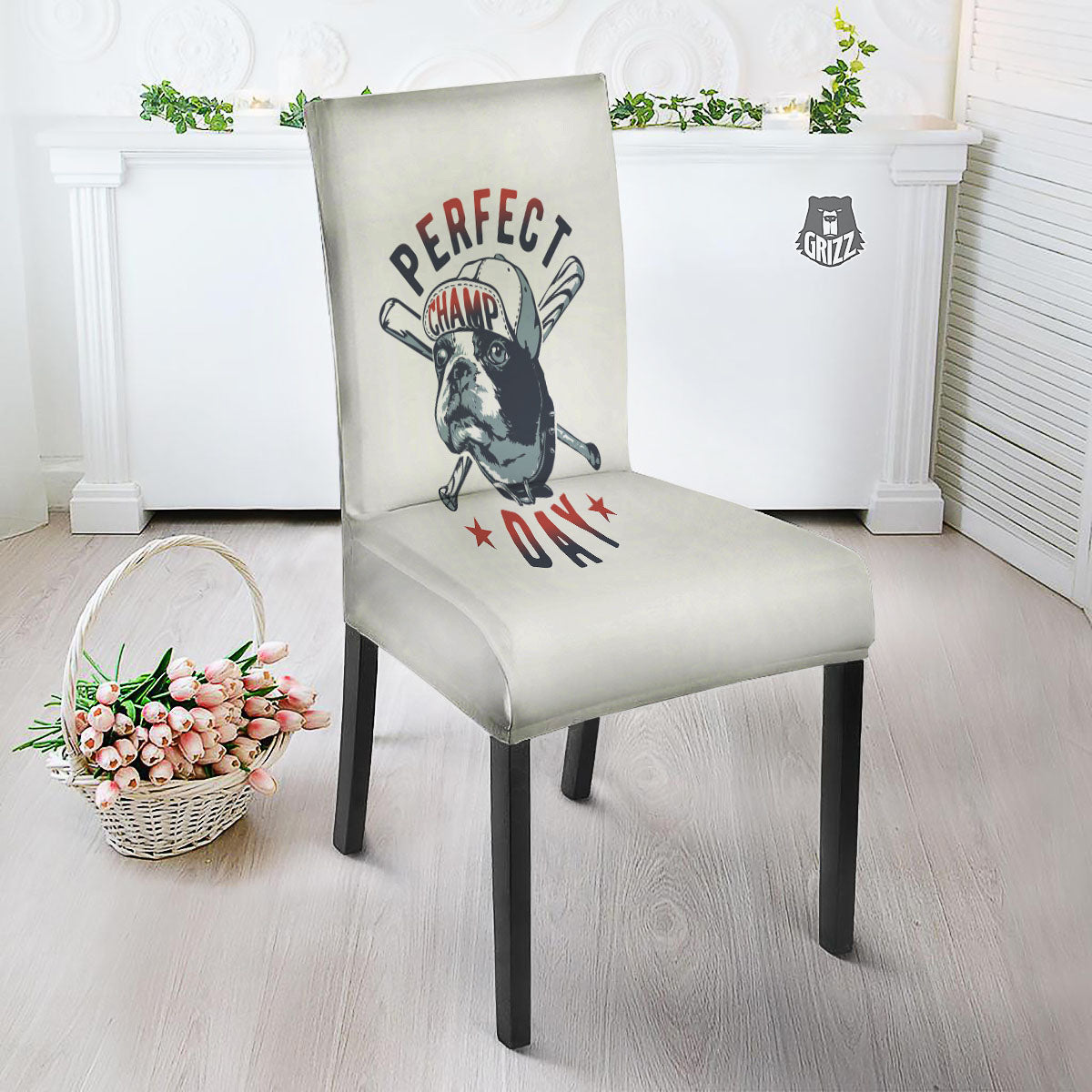 Puppy French Bulldog And Baseball Print Dining Chair Slipcover-grizzshop