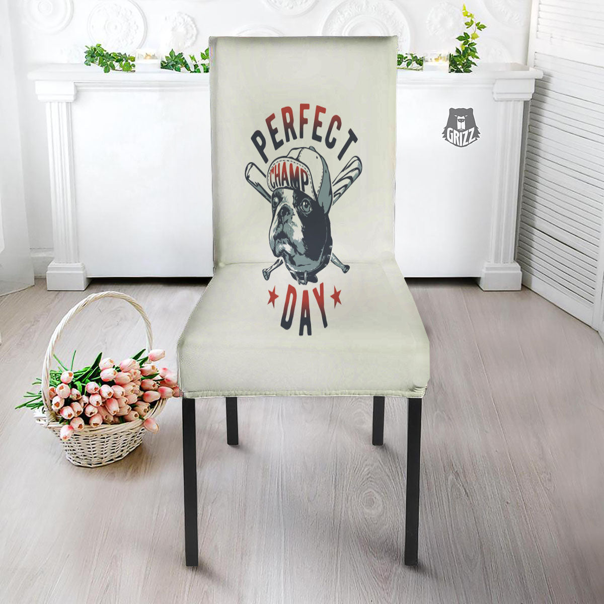 Puppy French Bulldog And Baseball Print Dining Chair Slipcover-grizzshop