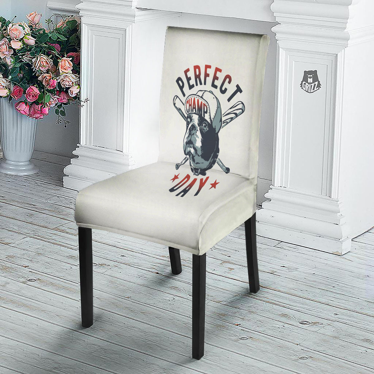 Puppy French Bulldog And Baseball Print Dining Chair Slipcover-grizzshop
