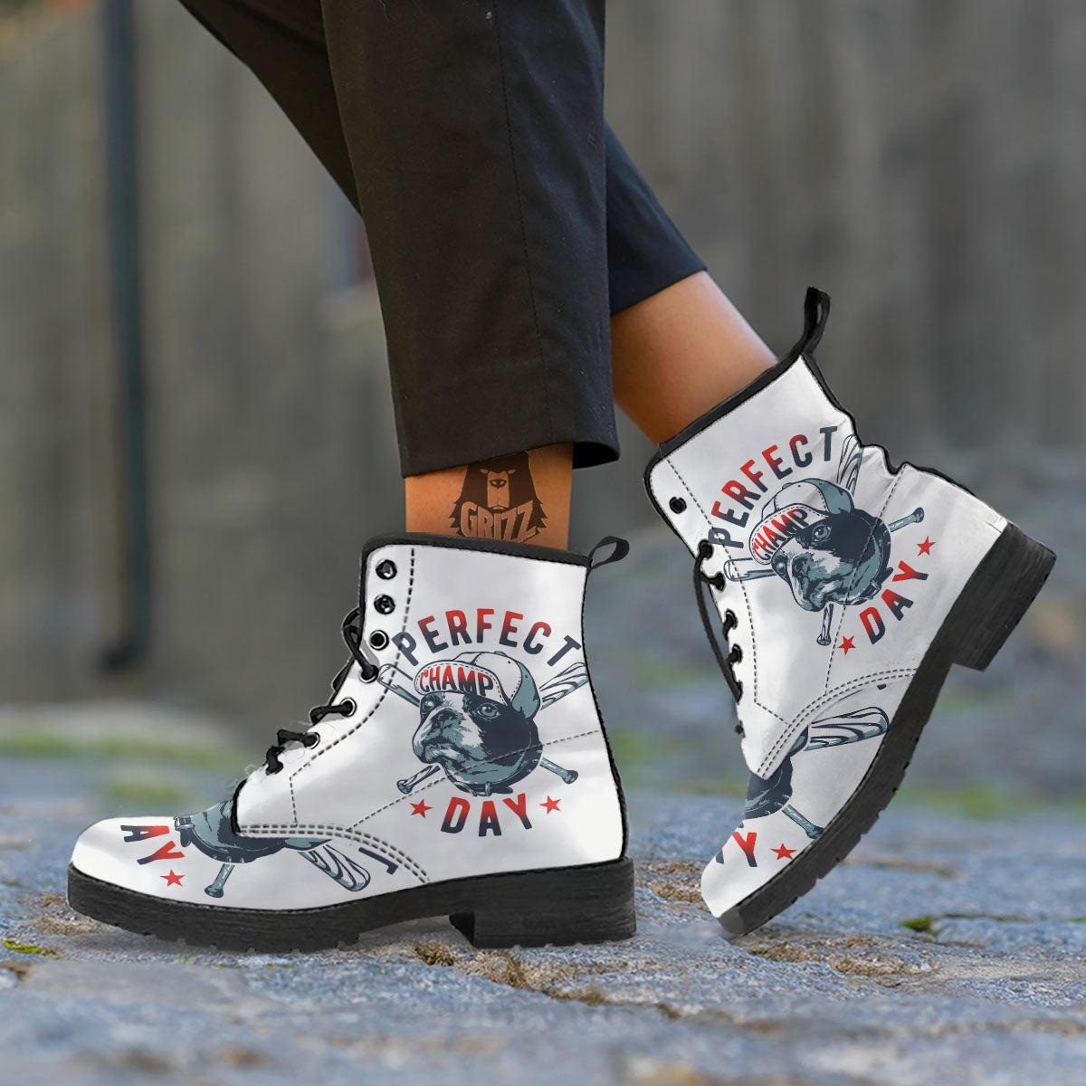 Puppy French Bulldog And Baseball Print Leather Boots-grizzshop