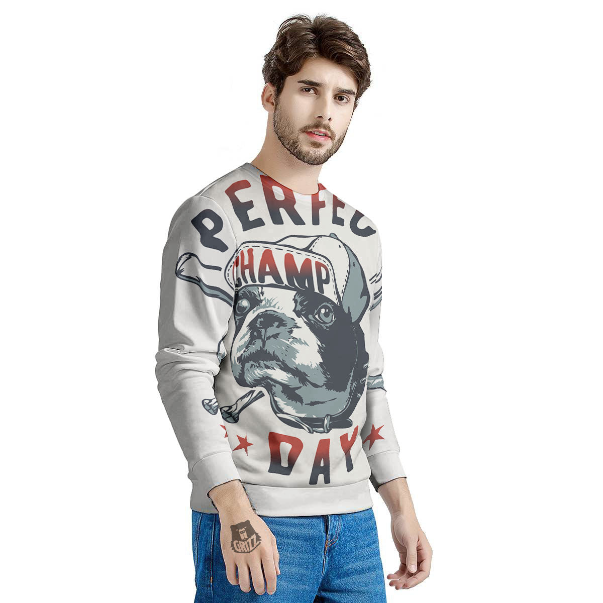 Puppy French Bulldog And Baseball Print Men's Sweatshirt-grizzshop