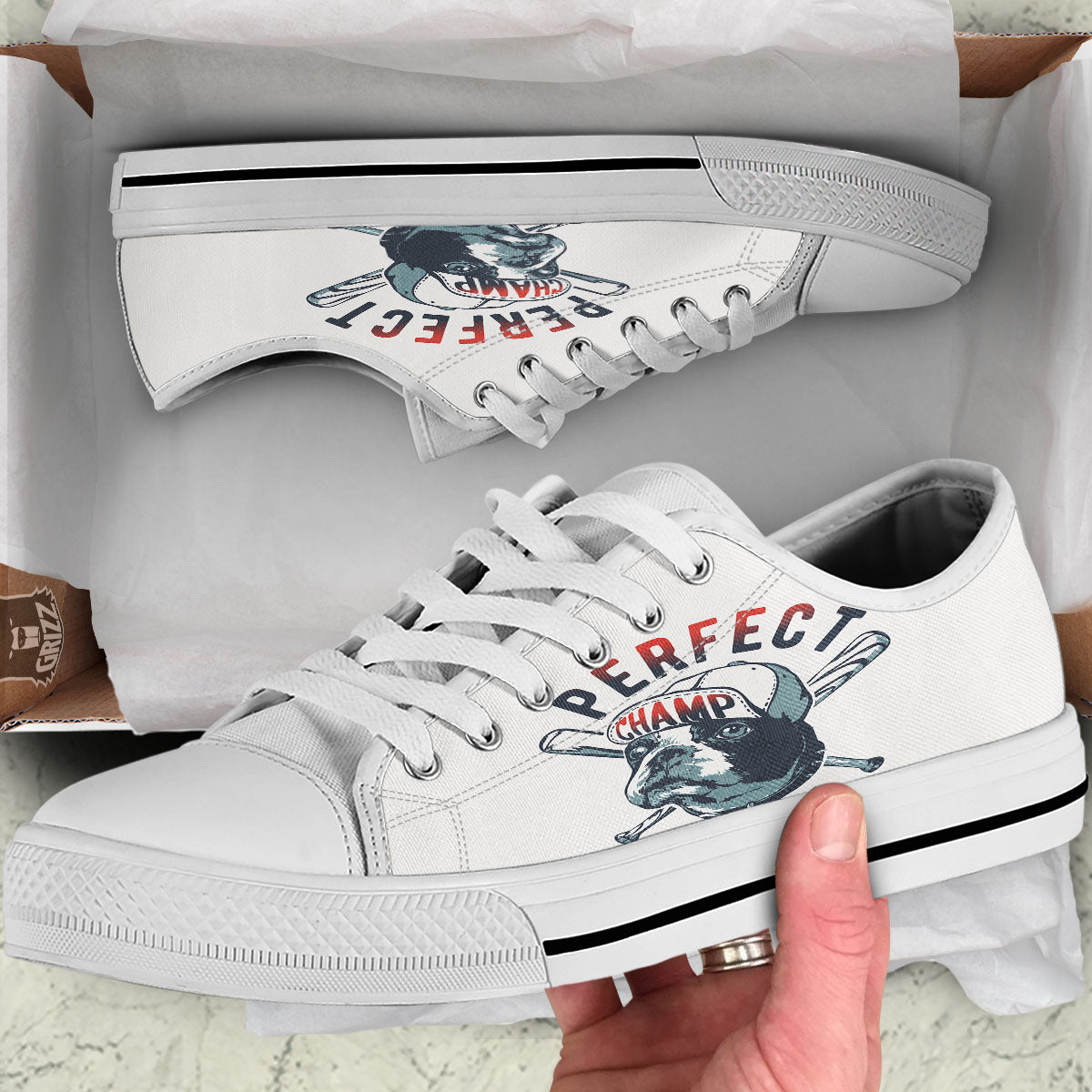 Puppy French Bulldog And Baseball Print White Low Top Shoes-grizzshop