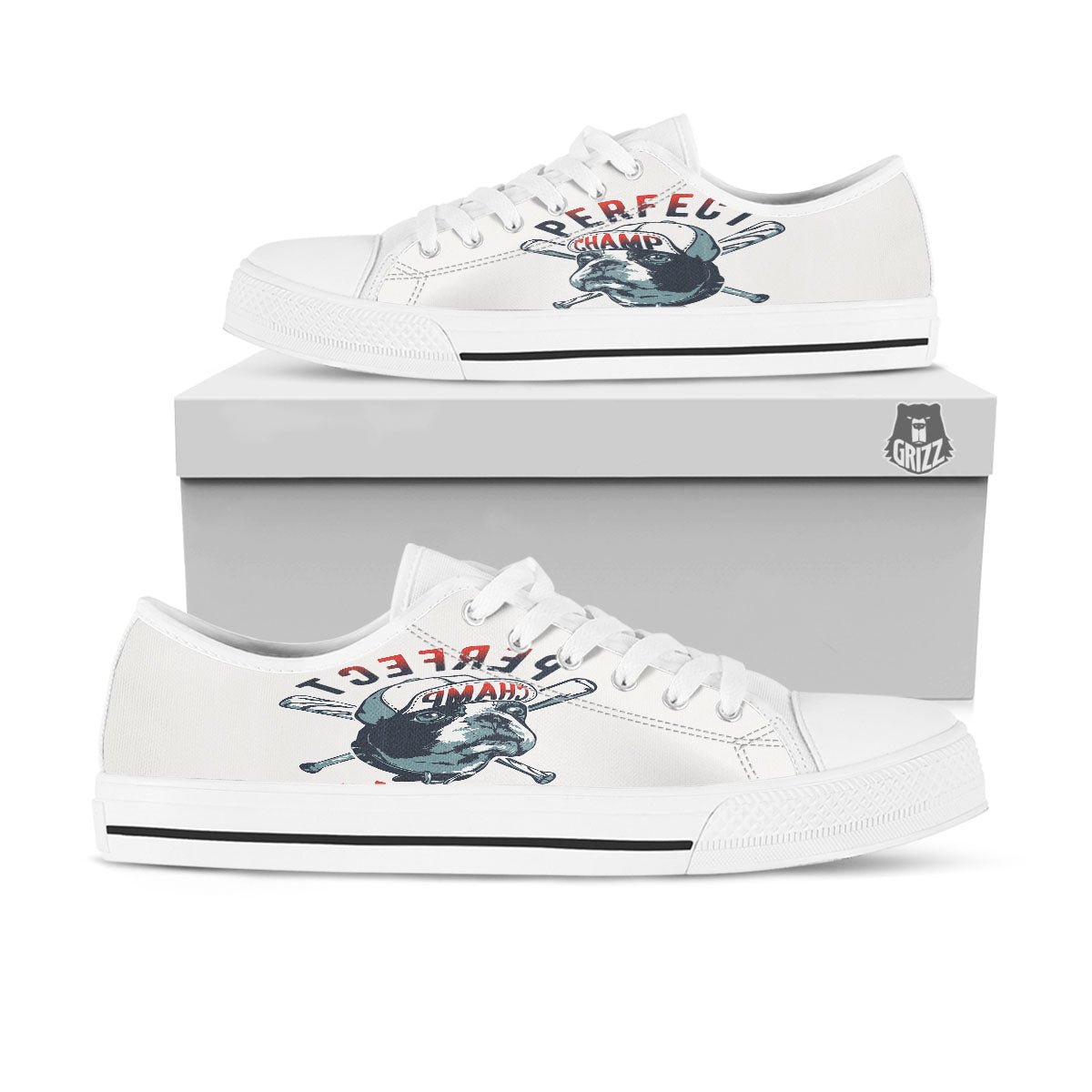 Puppy French Bulldog And Baseball Print White Low Top Shoes-grizzshop