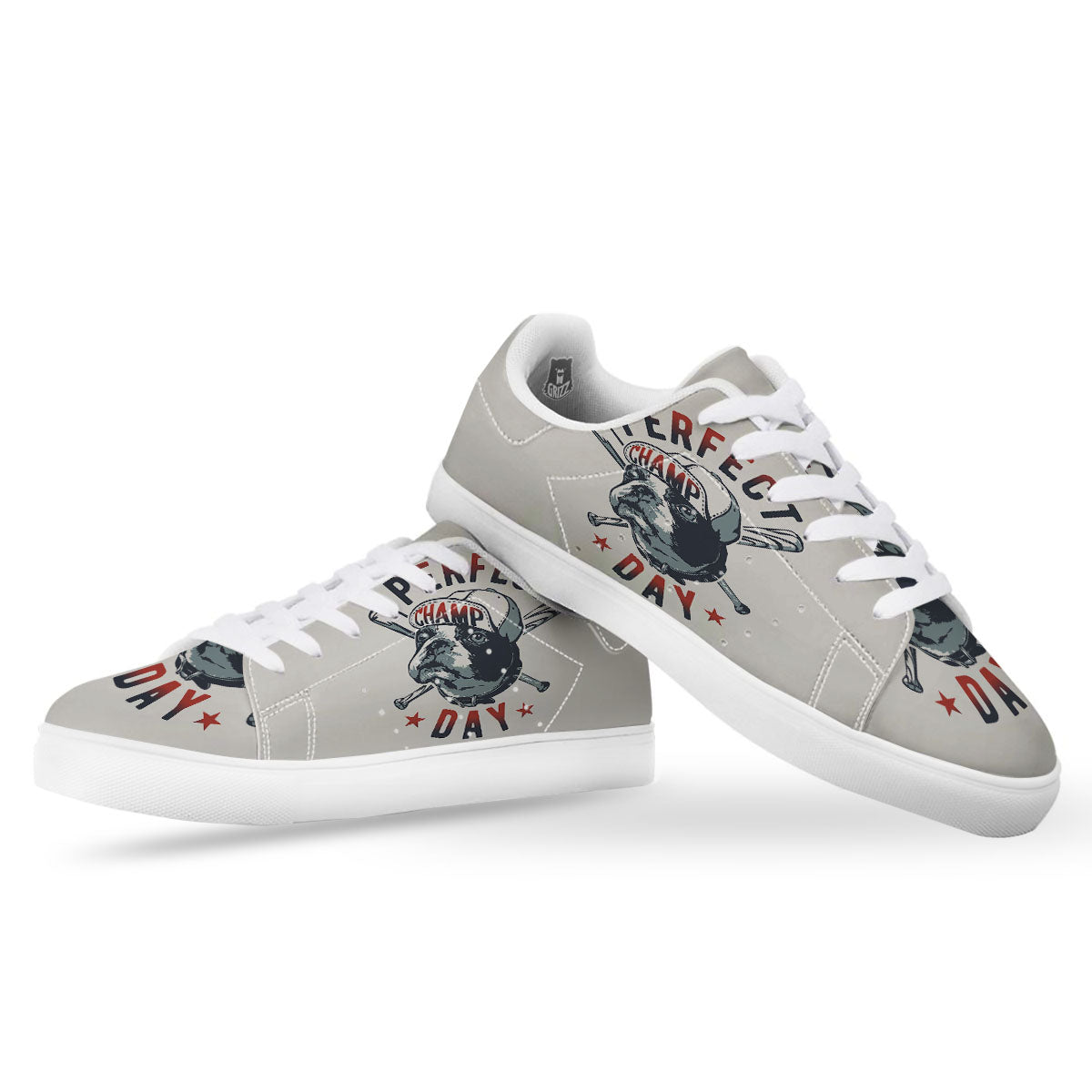 Puppy French Bulldog And Baseball Print White Low Top Sneakers-grizzshop