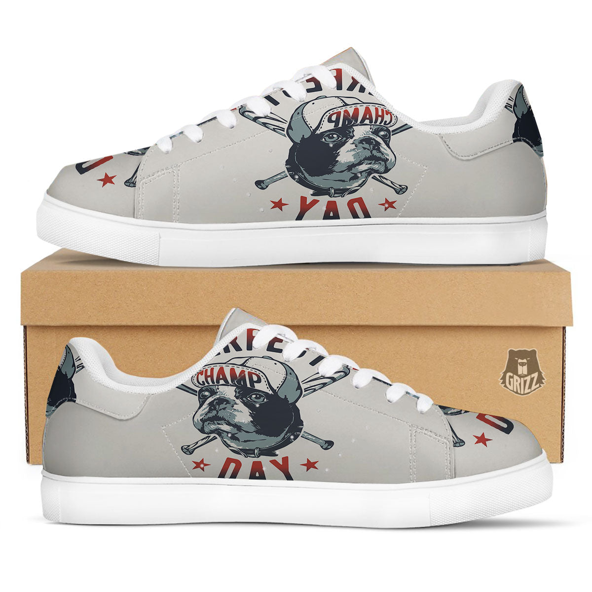 Puppy French Bulldog And Baseball Print White Low Top Sneakers-grizzshop