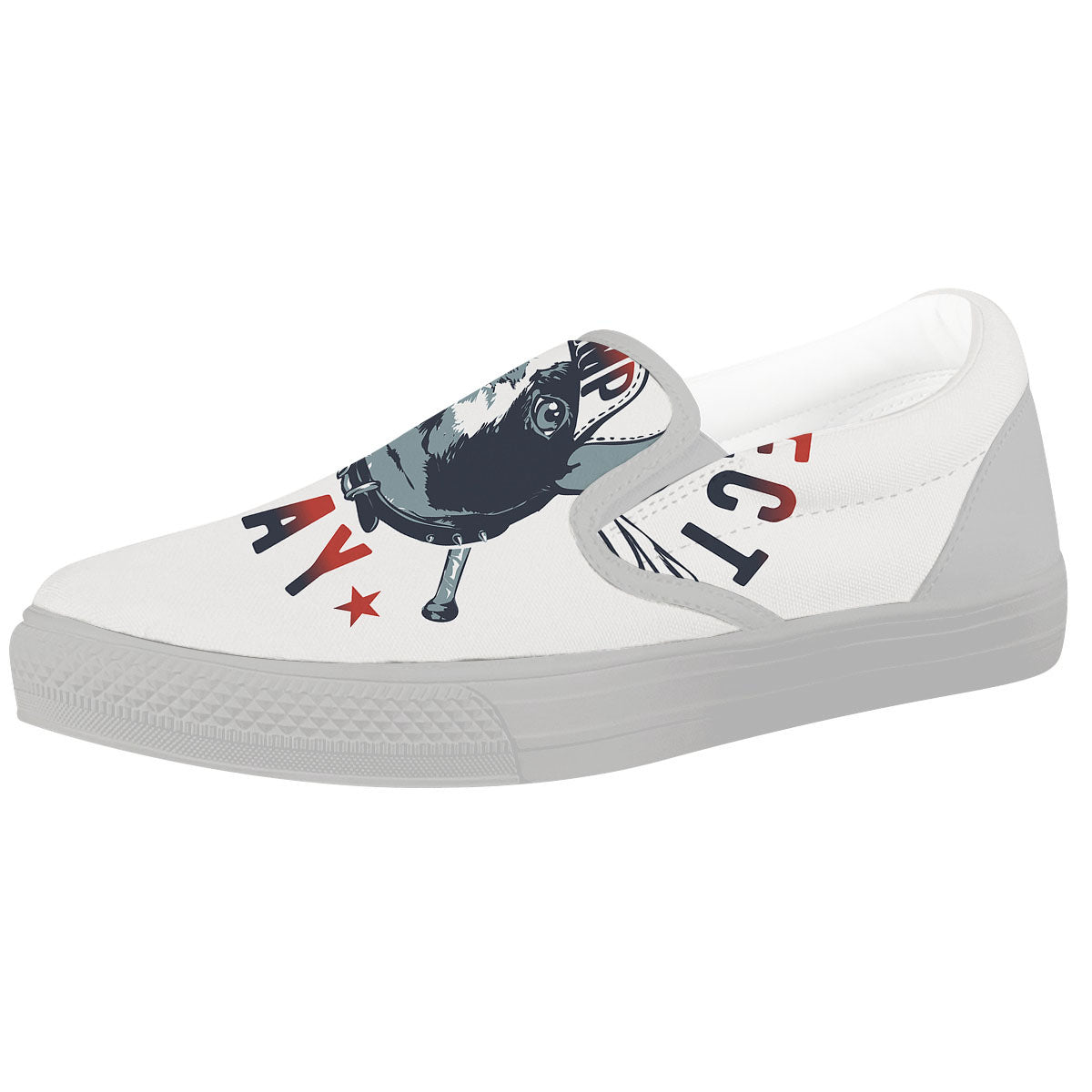Puppy French Bulldog And Baseball Print White Slip On Shoes-grizzshop