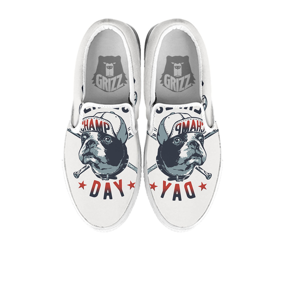 Puppy French Bulldog And Baseball Print White Slip On Shoes-grizzshop