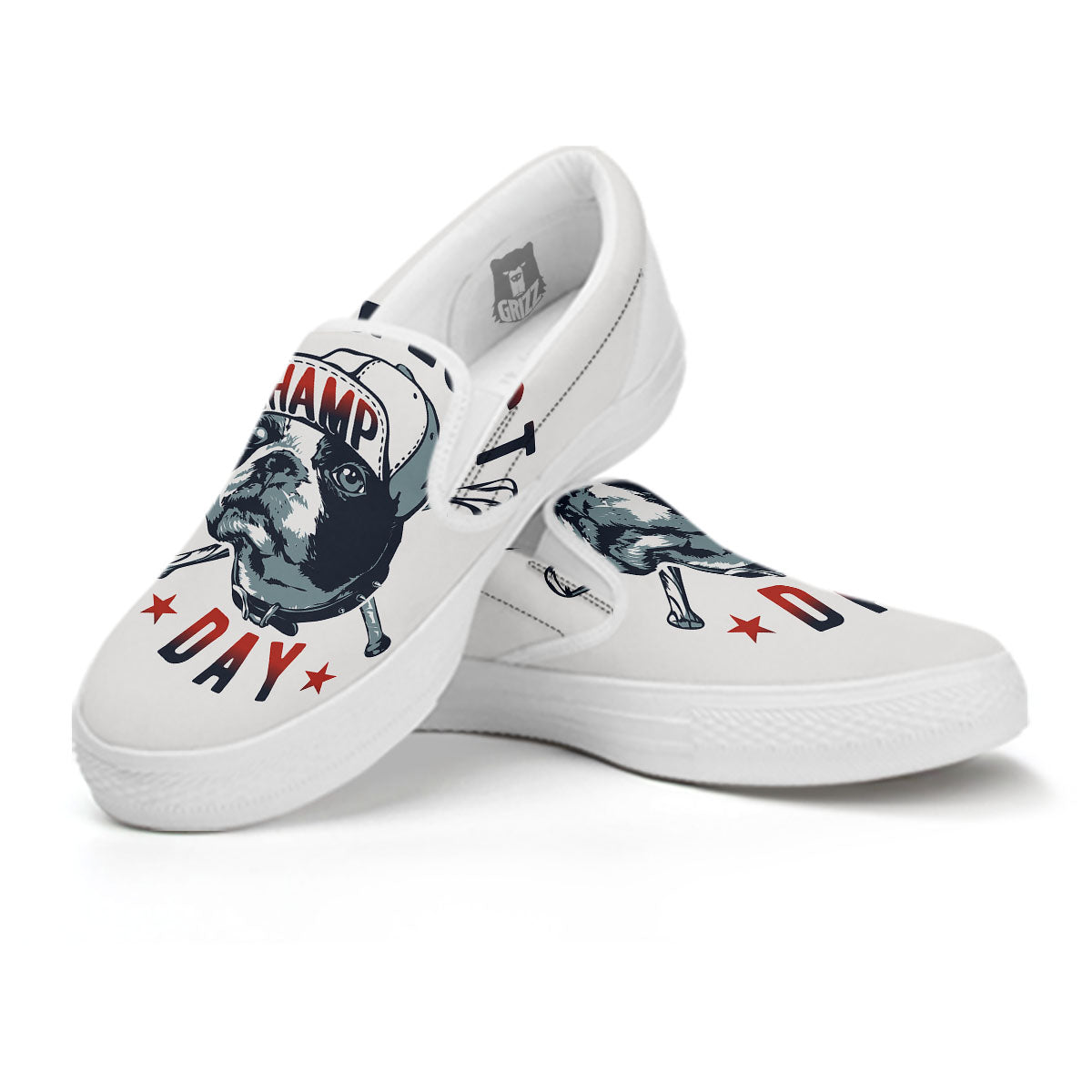 Puppy French Bulldog And Baseball Print White Slip On Shoes-grizzshop