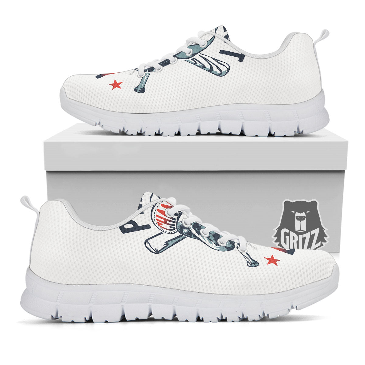 Puppy French Bulldog And Baseball Print White Sneaker-grizzshop