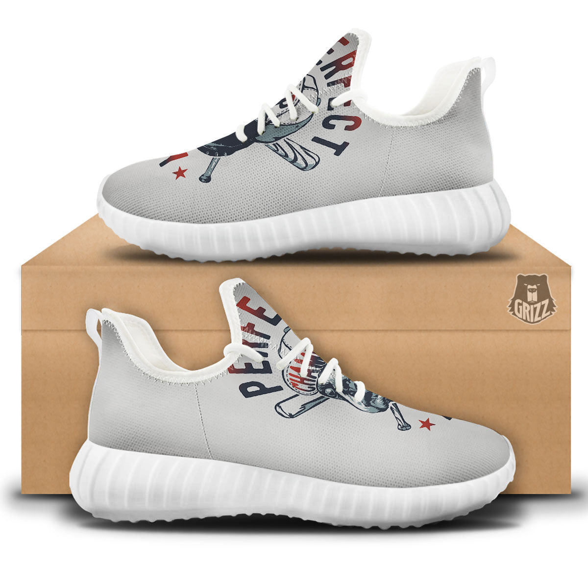 Puppy French Bulldog And Baseball Print White Walking Shoes-grizzshop