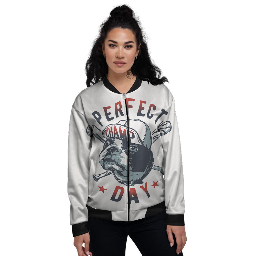 Puppy French Bulldog And Baseball Print Women's Bomber Jacket-grizzshop