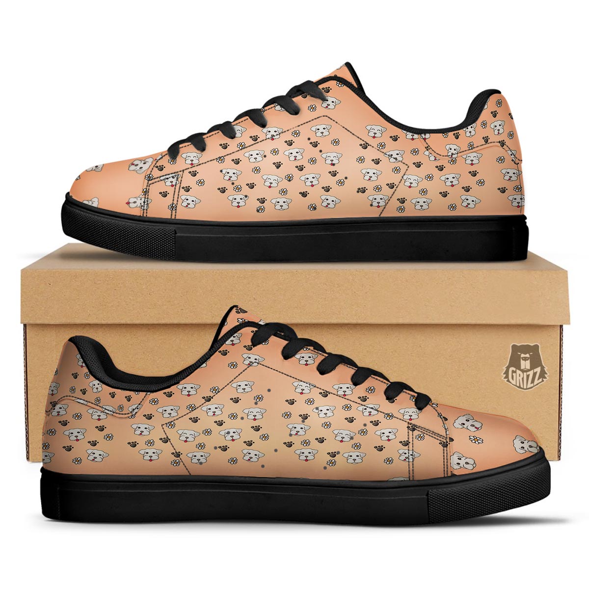 Puppy Shih Tzu Print Pattern Black Low Top Sneakers-grizzshop