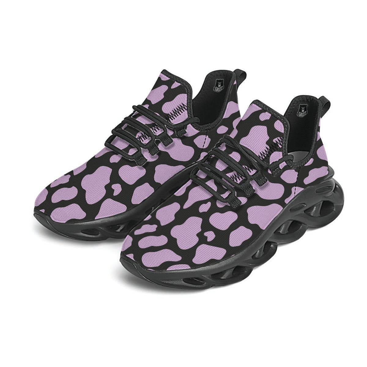 Purple And Black Cow Print Black Running Shoes-grizzshop