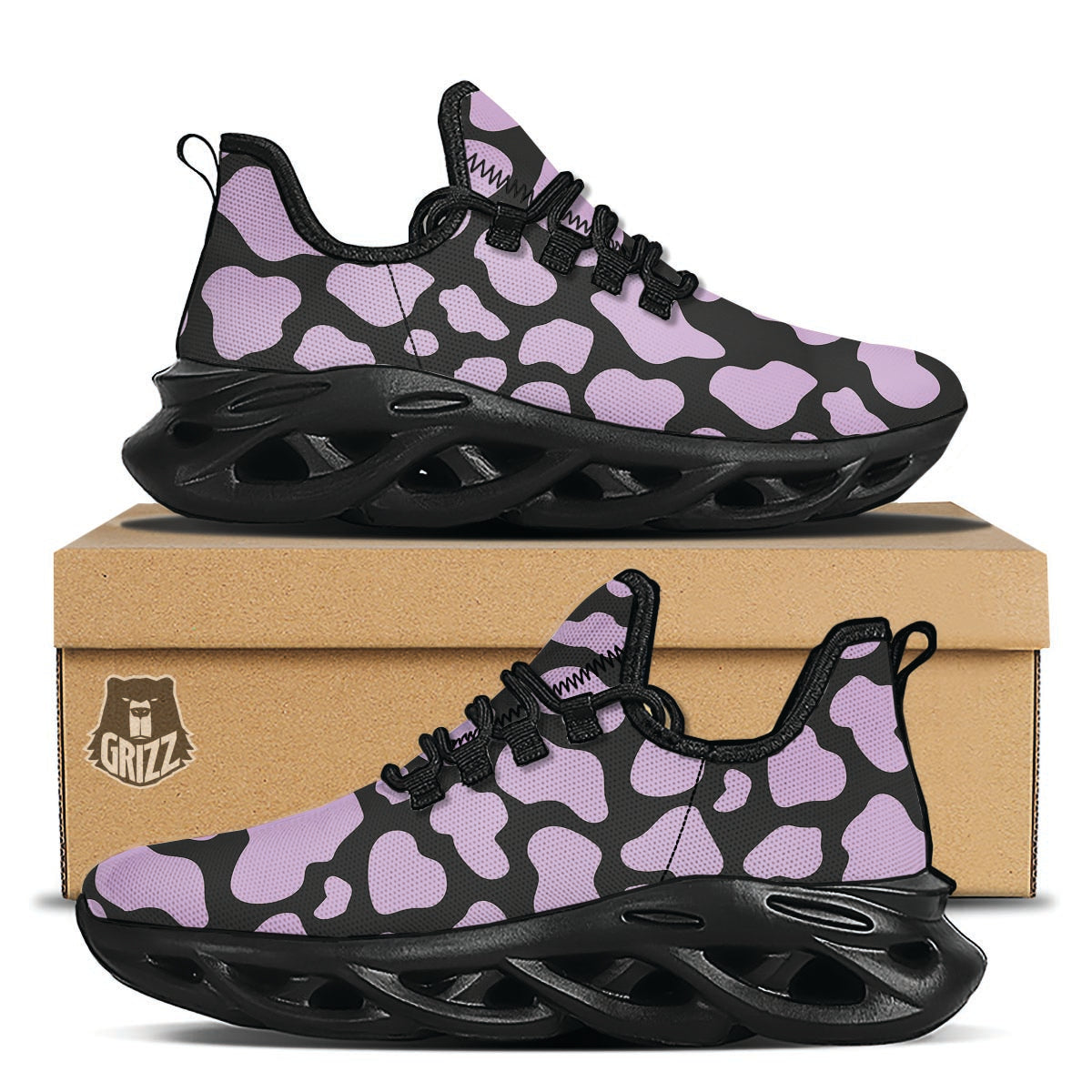 Purple And Black Cow Print Black Running Shoes-grizzshop