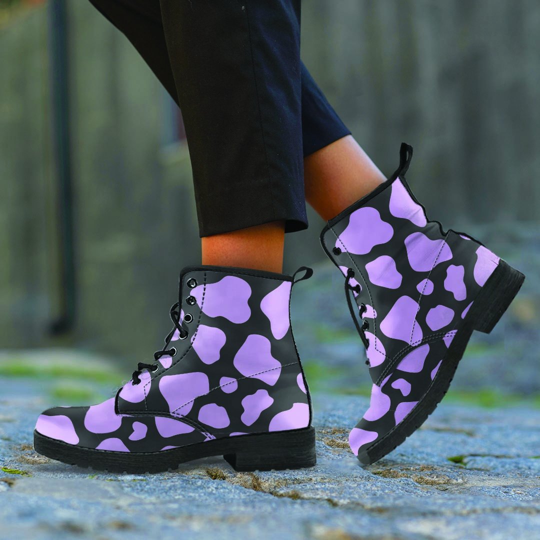 Purple And Black Cow Print Men's Boots-grizzshop