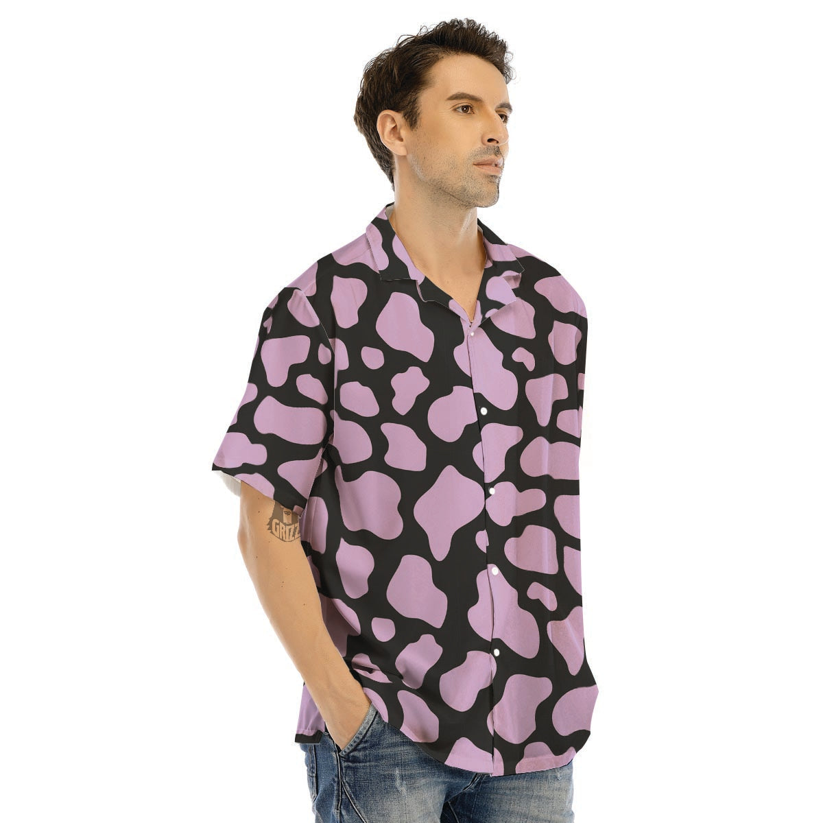 Purple And Black Cow Print Men’s Hawaiian Shirt-grizzshop