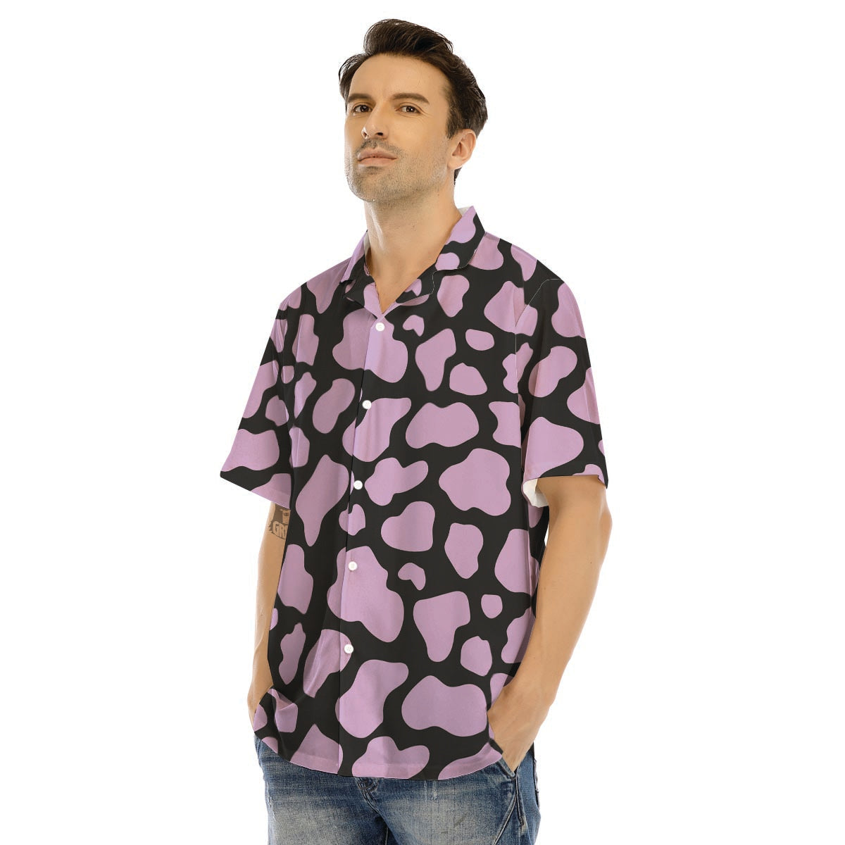 Purple And Black Cow Print Men’s Hawaiian Shirt-grizzshop