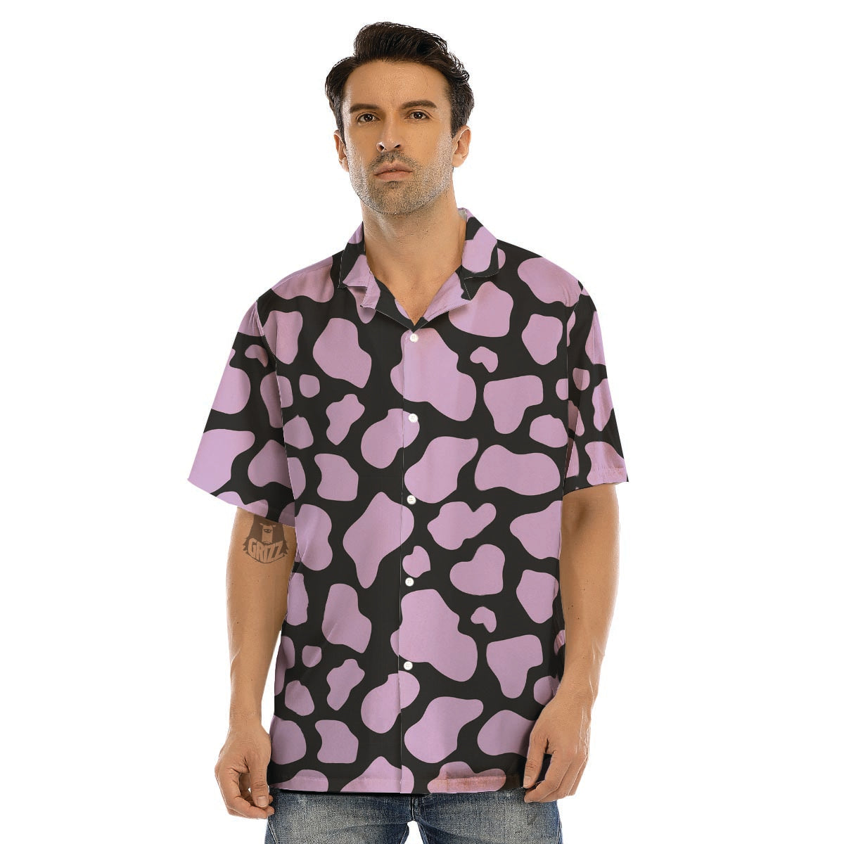 Purple And Black Cow Print Men’s Hawaiian Shirt-grizzshop