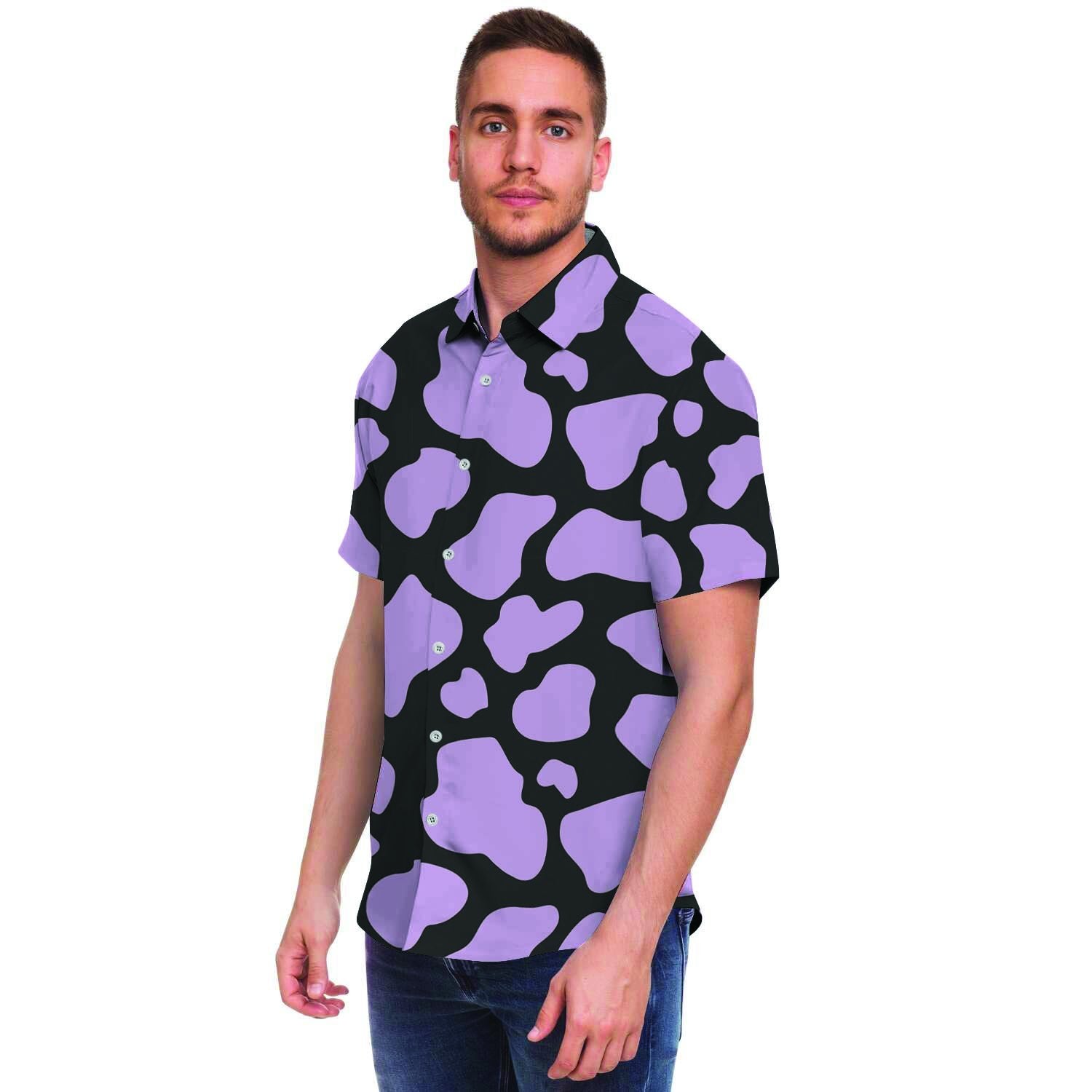 Purple And Black Cow Print Men's Short Sleeve Shirt-grizzshop