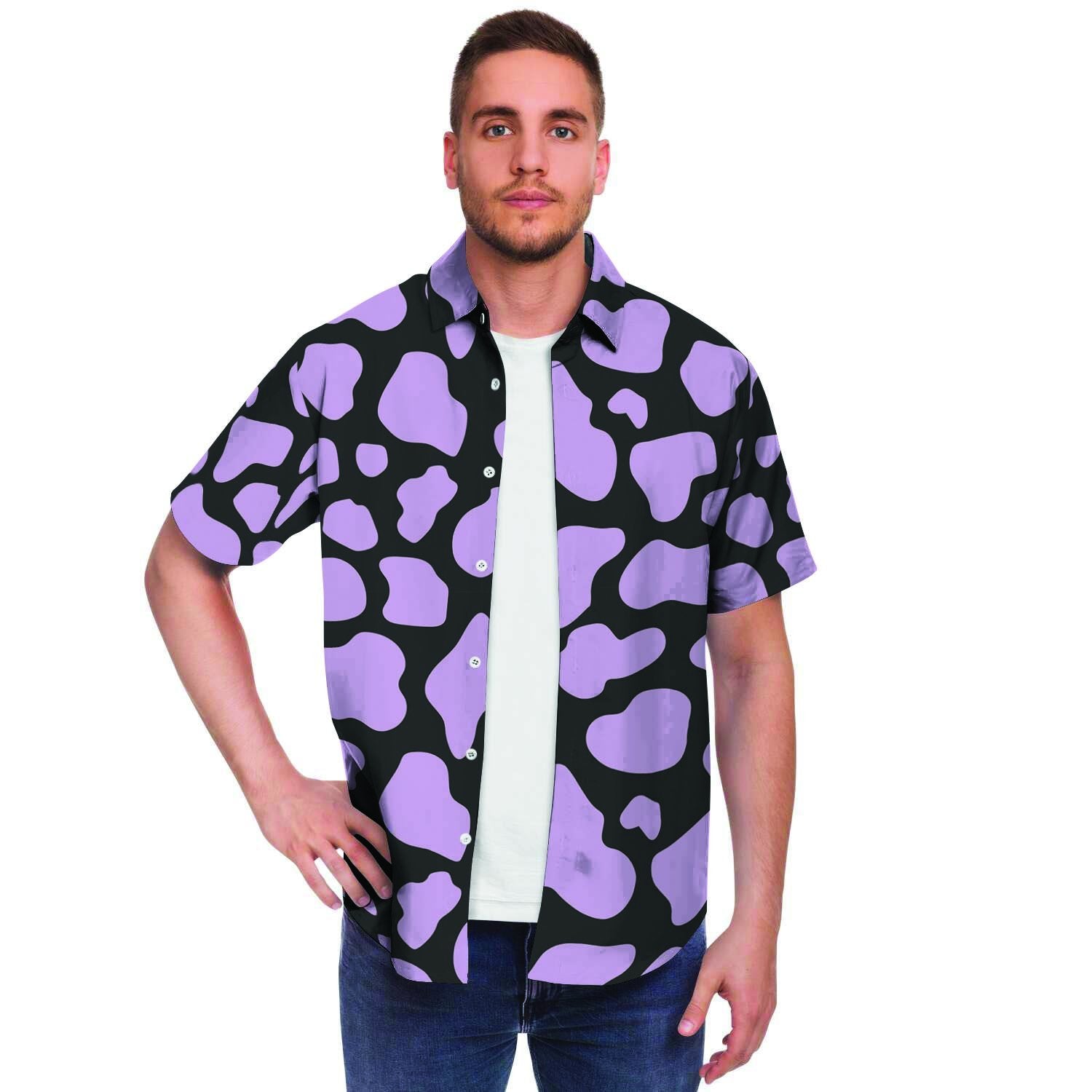 Purple And Black Cow Print Men's Short Sleeve Shirt-grizzshop