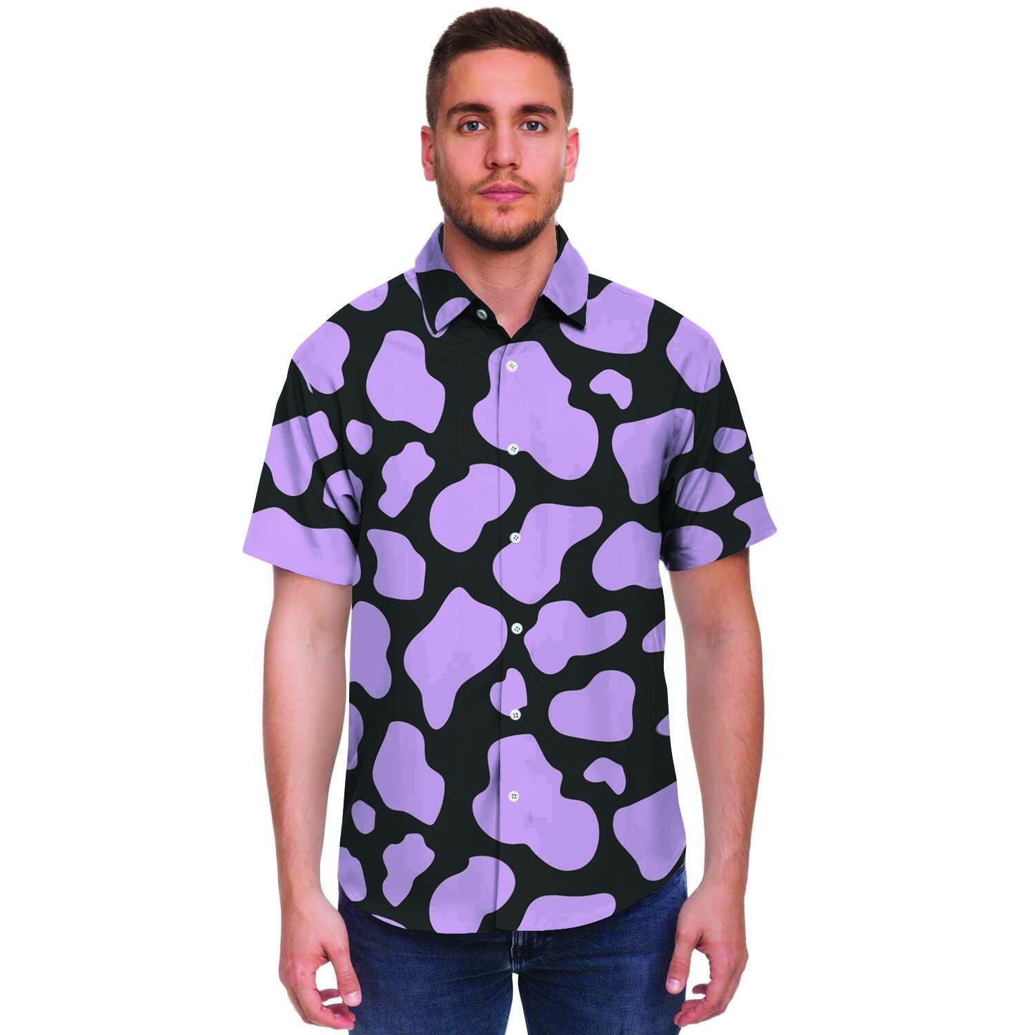 Purple And Black Cow Print Men's Short Sleeve Shirt-grizzshop