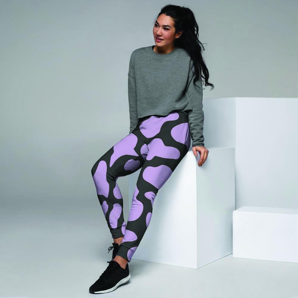 Purple And Black Cow Print Women's Joggers-grizzshop