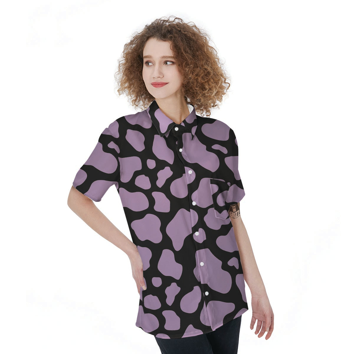 Purple And Black Cow Print Women's Short Sleeve Shirts-grizzshop