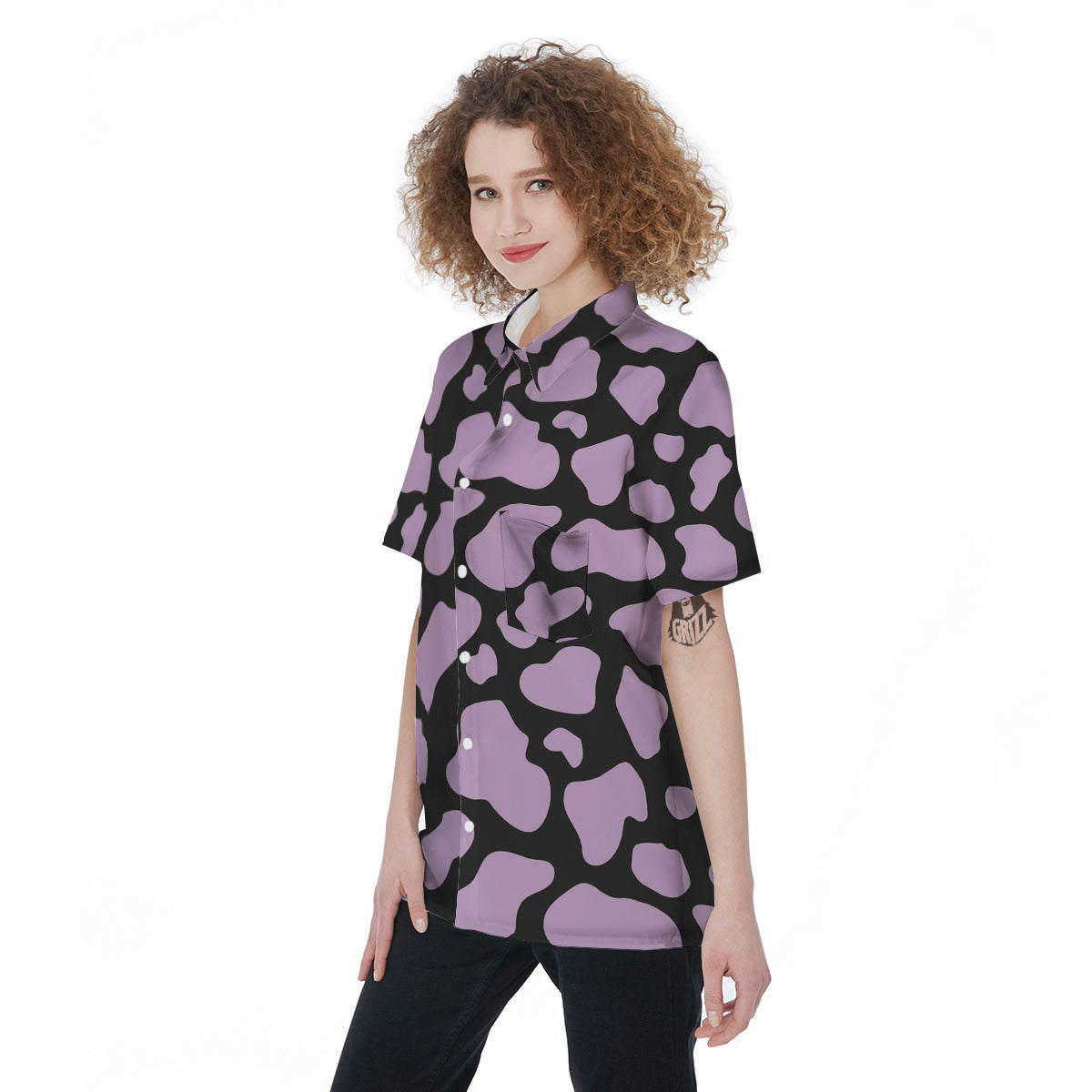 Purple And Black Cow Print Women's Short Sleeve Shirts-grizzshop