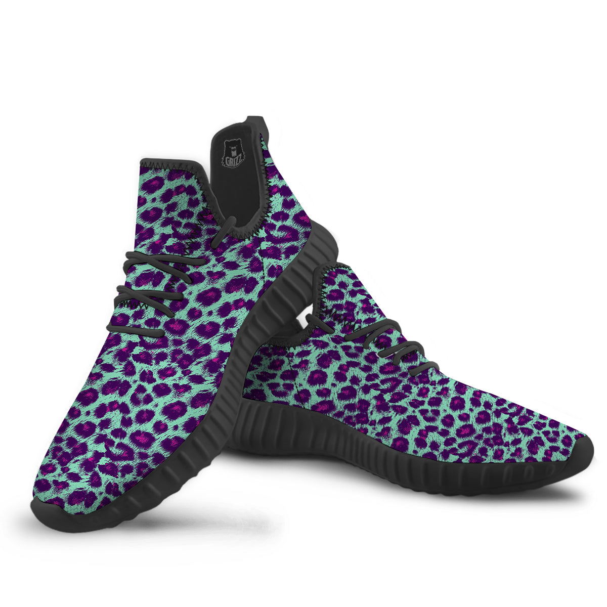 Purple And Blue Neon Leopard Print Black Walking Shoes-grizzshop