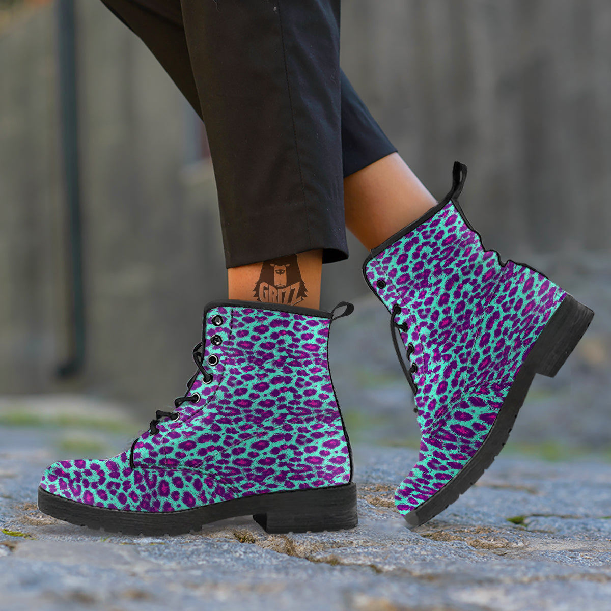 Purple And Blue Neon Leopard Print Leather Boots-grizzshop