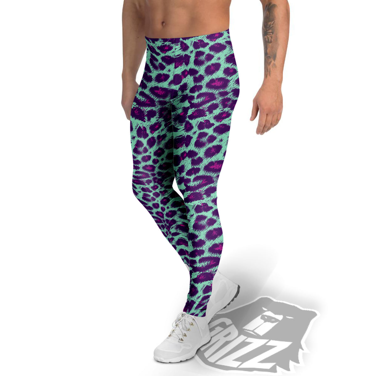 Purple And Blue Neon Leopard Print Men's Leggings-grizzshop