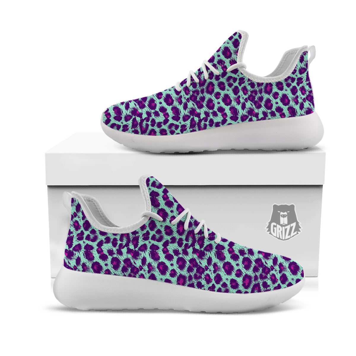 Purple And Blue Neon Leopard Print White Athletic Shoes-grizzshop